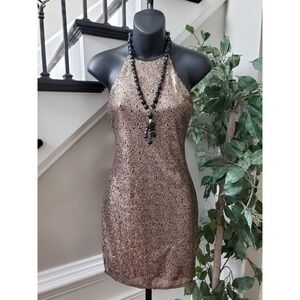 One Clothing Women's Black Sequin Halter Neck Sleeveless Knee Length Dress Small